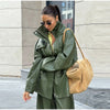 Street Waist Cinching Leather Jacket Women Loose Solid Stand Collar Zipper Pocket Jackets Spring Lady Outwear