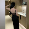 Women Black Lace Slip Dress Sexy Elegant Lady Style Evening Party Dress Slit Long Gown Mature Date Night Ladies Dresses