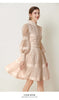 French Elegant Lace Splicing Waist Lantern Sleeve Dress Vintage High Collar Princess Dress Organza Cocktail Women's Wear