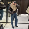 Elegant PU Fur Patchwork Jacket Women Loose Detachable Collar Lapel Double Breasted Jackets Female Winter Warm Outwear
