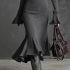 European American Trumpet Dresses Women Solid Autumn Winter Zipper Lapel Flared Sleeve Knitted Fishtail Dress Slim Fit Vestidos
