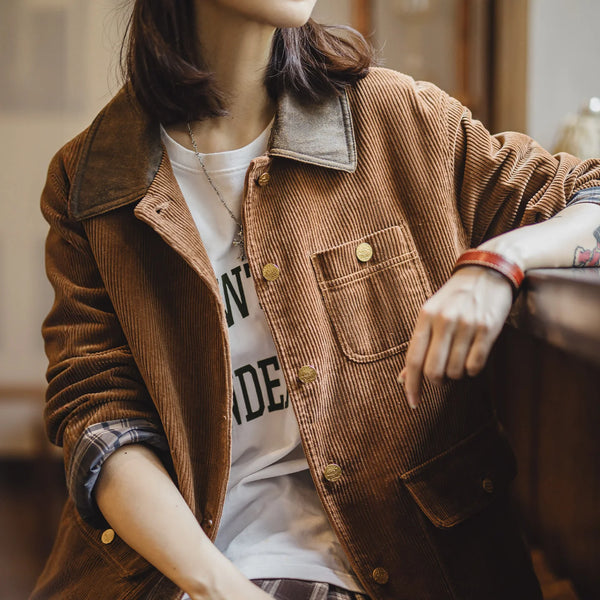 Women’s Corduroy Jacket Colorblock Waxed Collar Utility Coat Retro Button Workwear Short Outerwear for Autumn Winter
