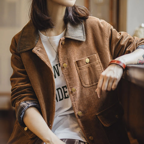 Women’s Corduroy Jacket Colorblock Waxed Collar Utility Coat Retro Button Workwear Short Outerwear for Autumn Winter