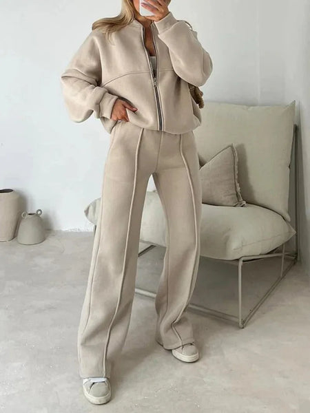 Autumn Sports Suit For Women Loose Solid Color Zipper Long Sleeve Sweatshirt Coat High Waist Lace Up Trousers 2 Piece Set
