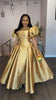 Puff Sleeve Elegant Dress for Women's Square Collar Gold Solid Pleated A-line Evening Party Cocktail Long Dresses