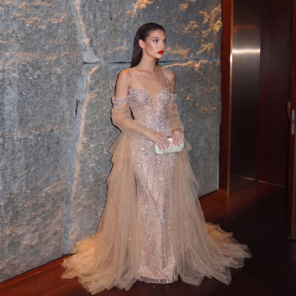 Mermaid Evening Dress with Detachable Sleeves Ruffles Overskirt Beaded Women's Formal Party Gowns SS123 Customized