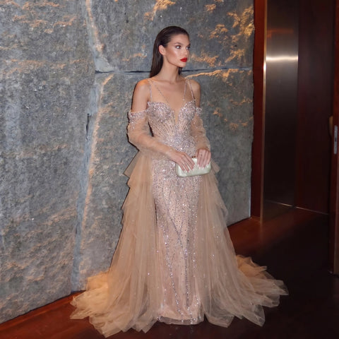Mermaid Evening Dress with Detachable Sleeves Ruffles Overskirt Beaded Women's Formal Party Gowns SS123 Customized
