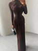 Folds Maxi Dress Women o-Neck Full Sleeve Solid Banquet Elegant Vacation Autumn Skinny Casual Simple Vestidos