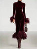 Elegant Feather Splicing Slim Long Dress Women's Casual Temperament Velvet Dresses Stand Collar Solid Color Gowns Dress