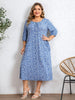 Plus Size Women's Blue White Floral Dress Tie Round Neck 3/4 Sleeve Loose