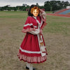Christmas Year Kawaii Sweet Lace Ruffle Patchwork Puff Long Sleeve Lolita Dress for Women Red Princess Plaid Gown Party