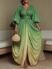Women Gradient Evening Maxi Dress Deep V-Neck Puff Sleeve Bodycon Ruched Waist Flowy Slit Elegant Occasion Gown Party Dresses