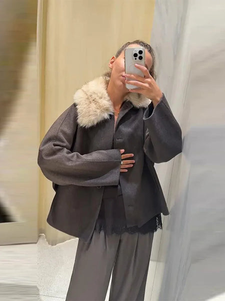 Autumn Winter Fur Lapel Woolen Jacket For Women Brown Elegant Long Sleeve Single Breasted Coats Lady Chic Street Outerwear