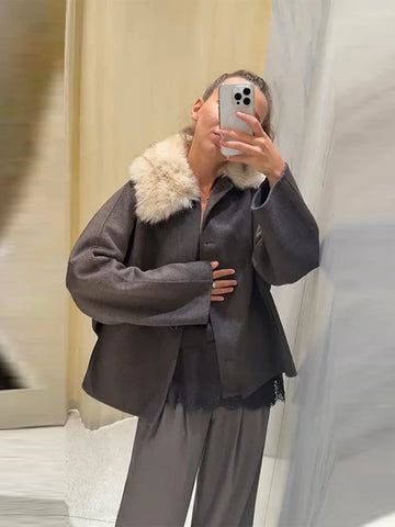 Autumn Winter Fur Lapel Woolen Jacket For Women Brown Elegant Long Sleeve Single Breasted Coats Lady Chic Street Outerwear
