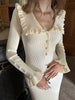 Ruffled Patchwork Knit Maxi Dress For Women Elegant Ribbed Long Sleeve Party Dress Gown Slim Knitwear Long Dress