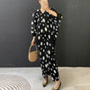 Balck Dot Printting Pleated Women's Dress V Collar Batwing Sleeve Mid-Length Mermaid Dresses 2DB6625