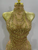 Sparkly Gold Rhinestone Sexy Transparent Mesh Long Dress Women Birthday Party Gown Stage Singer Performance Costume