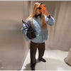 Casual Blue Multiple Patch Pocket Jacket Women Chic Corduroy Collar Single Breasted Short Coat Lady Daily Spring Wear
