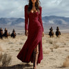 Vintage Spring U Neck Button Pleated Long Dress Woman Solid Split Boho Dress Autumn Long Sleeve Slim Maxi Dress Vestidos