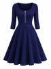 Women Elegant Square Neck 3/4 Sleeve Autumn Work Party Midi Dress Solid Color Zip Front Solid Business Casual Swing A-Line Dress