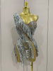 Stock Sparkly Rhinestone Sequins Tassel Mesh One Shoulder Short Dress Women Evening Birthday Party Nightclub Stage Costume