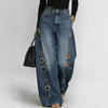 Women Faux Denim Wide Leg Pants High Waist Floral Print Eyelet Hole Decor Loose Baggy Trousers Vintage Street Long Pants