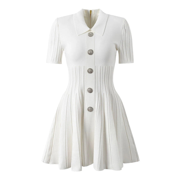 Sml Elastic Knitted Solid Color Flip Collar Button Back Zipper Large hem Pleated Casual Women's Dress