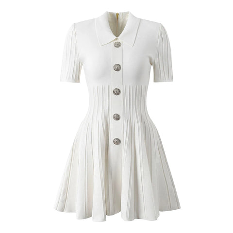 Sml Elastic Knitted Solid Color Flip Collar Button Back Zipper Large hem Pleated Casual Women's Dress