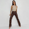 1PC Brown Faux PU Leather Pleated High Waist Stacked Pants Women Slim Hipster Street Style Long Trousers Female 2#