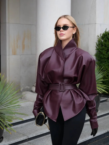 Lady Retro Burgundy Belted Leather Jacket Solid Stand Collar Long-sleeved Cropped Coat Women Daily Street Outerwear