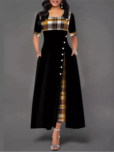 Women's Irregular Lattice Patchwork Long Dresses Vintage Buttons O Neck Half Sleeves Casual Lady Commuting Dress
