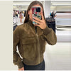 Women's Cropped Bomber Jacket Stand Collar Zipper Patch Pocket Rib Trim Long Sleeve Short Coat Vintage Autumn Casual Outfit