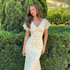 Floral Printed Chiffon Long Dress Women Chic Deep V-neck Lace Patchwork Mini Sleeves Slim Fit Dresses Lady Daily Wear
