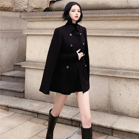 Winter black cape coat can be used with loose stand collar medium long woolen coat for women