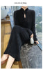 Women' 100%Pure Mink Cashmere Dress Stand-Up Collar Buckle Slim Knit Long Skirt High Waist Over The Knee Bottoming Dress