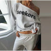 Letter Print Cuffed 2 Piece Set One‑Shoulder Cropped Sweatshirt Elastic Waist Wide Leg Pants Autumn Lady Street Casual Chic Sets