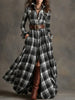 Autumn Grid Printed Long Sleeve Shirts Dress Casual Wear Robe Dress Elegant Ladies Loose Pleated Vintage Commute Dresses