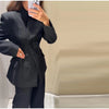 V-Neck Longline Tailored Double-Breasted Blazer Coat Black Peak Lapel Welt Pockets Autumn Elegant Office Women Outerwear