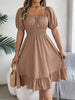 Solid Puff Sleeve Square Neck Ruched Bust Ruffle Hem Wasit Dress, Women's Clothing