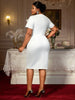 Women White Church Dresses Elegant Bodycon O Neck Ruffles Appliques High Waist Christmas Cocktail Party Nightclubs Holiday Gowns