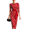 Women Polka Dot Bodycon Midi Dress 3/4 Puff Sleeve Boat Neck Contrast White Tie Waist Slim Pencil Formal Wedding Guest Dresses