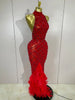 Sparkly Red Rhinestones Feather Sexy Mesh See Through Long Dress Women Birthday Evening Nightclub DJ Dancer Stage Costume