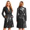 Women Wet Look PU Leather Long Trench Coat Blazer Lapel Open Front Long Sleeve Jacket Overcoat with Belt Streetwear Clubwear