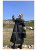 Spring Autumn Extra Long Black Loose Pu Leather Trench Coat for Women Shoulder Pads Double Breasted Faux Leather Blazer