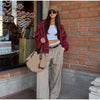 Women Dusty Pink Faux Suede Cropped Jacket Chic Full Zip Stand Collar Elastic Hem Short Coat Autumn Casual Street Outwear