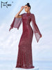 Elegant Apricot Sequin Muslim Party Dress Women Split Sleeve High Neck Bodycon Dubai Evening Dresses Prom Gown