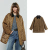 Women Cotton Jacket Winter Retro Diamond Grid Workwear Large Pocket Mid Length Jacket Brown