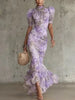 Elegant Printed Ruffle Maxi Dress Women Chic High Neck Puff Short Sleeve Waist-cinching Bodycon Dresses Lady Vacation Robes