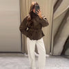 Elegant Suede Belt Women's Jacket Loose Full Sleeve Stand Collar Single Breasted Lace Up Jacket Female Autumn Coat