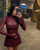 Sexy Women's Burgundy Mini Dress Turtleneck Transparent Long Sleeve A-line Short Dresses Evening Party Prom Cocktai
